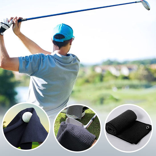 Golfeur avec sa serviette de golf en microfibre noire