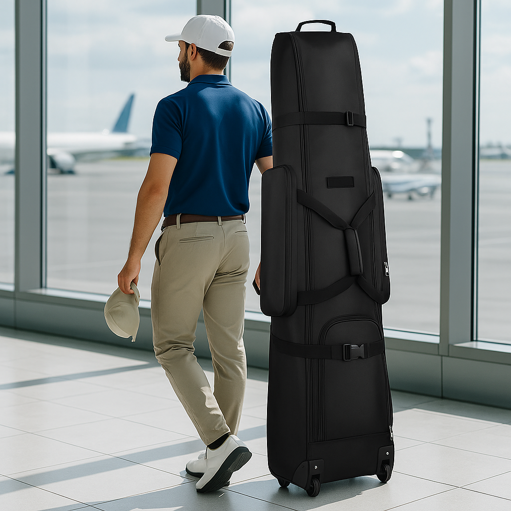 Golfeur prenant l'avion avec sa housse de transport de golf