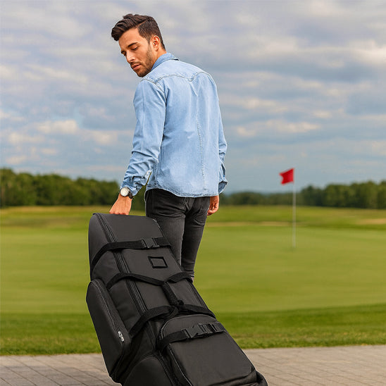 Golfeur arrivant au golf avec sa housse de transport