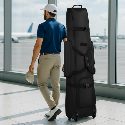 Golfeur prenant l'avion avec sa housse de transport de golf